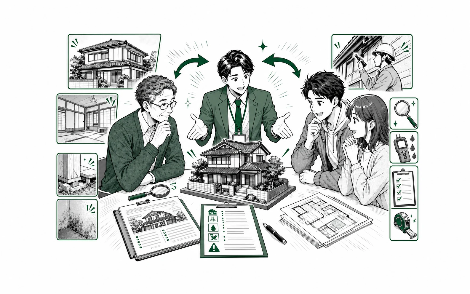 空き家所有者・自治体担当者・購入希望者が物件状態と条件を確認する少年漫画誌風の図解