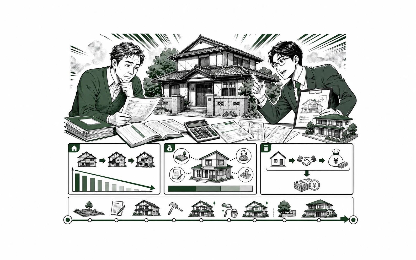 空き家の減価償却と取得費・売却税を所有者と税理士が確認する少年漫画誌風の図解