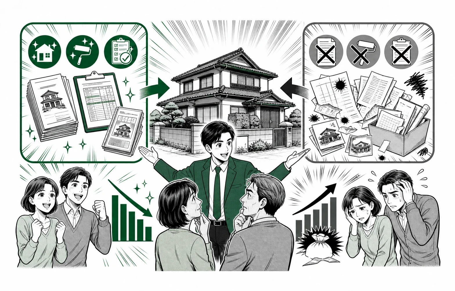 取得時の資料が揃う場合と不足する場合の売却税負担を少年漫画誌風に比較した図解