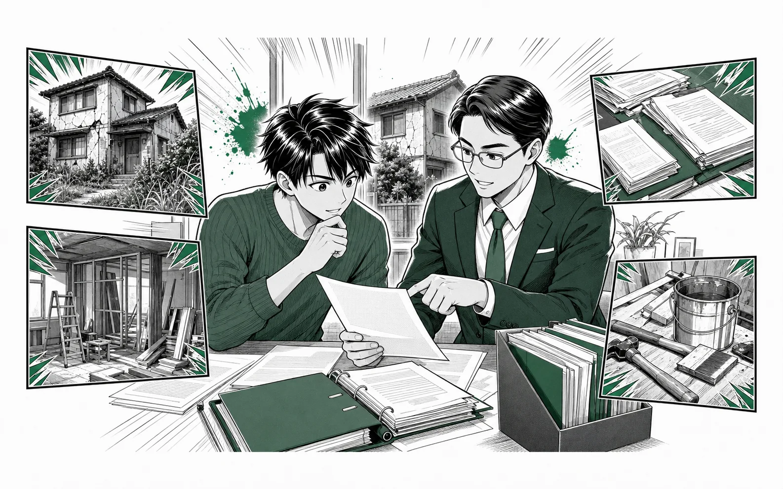 税理士と所有者が取得時の契約書と改修領収書を仕分けし、取得費を復元する場面をオリジナル少年漫画誌風に描いた挿絵