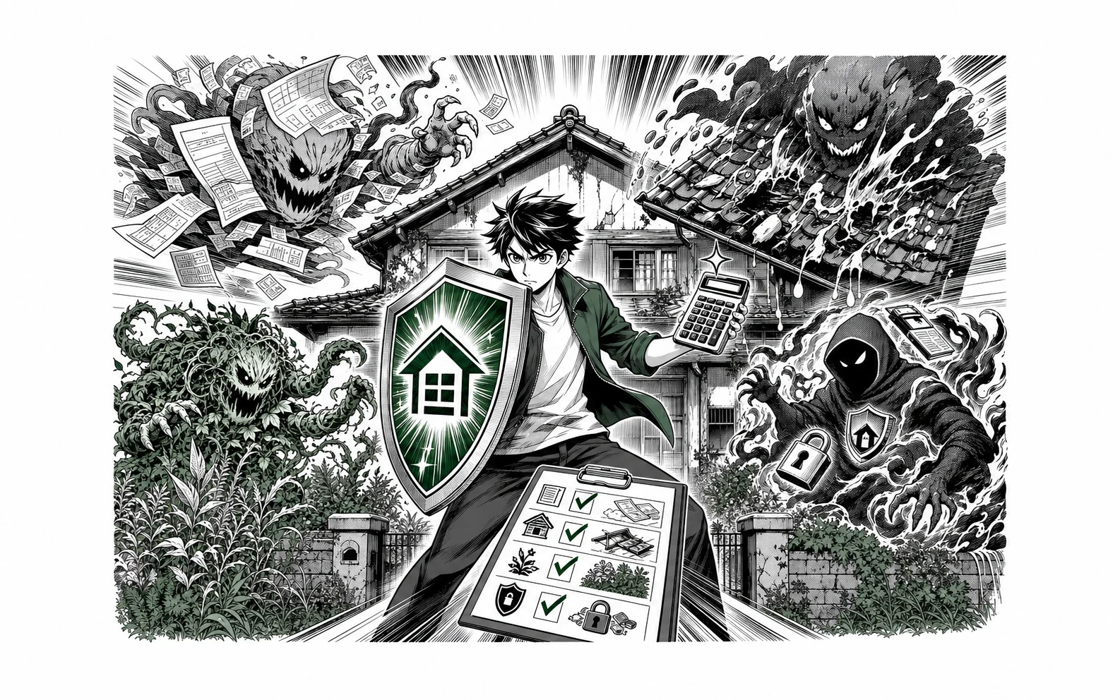 空き家の固定資産税・修繕・庭管理・保険など維持費の負担を少年漫画誌風に示した図解