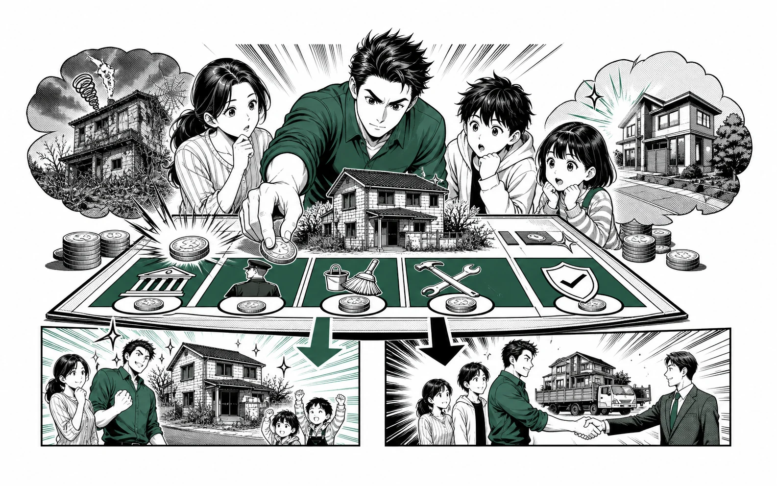 空き家の税金・見回り・清掃・修繕・保険の予算配分と売却判断を少年漫画誌風に示した図解