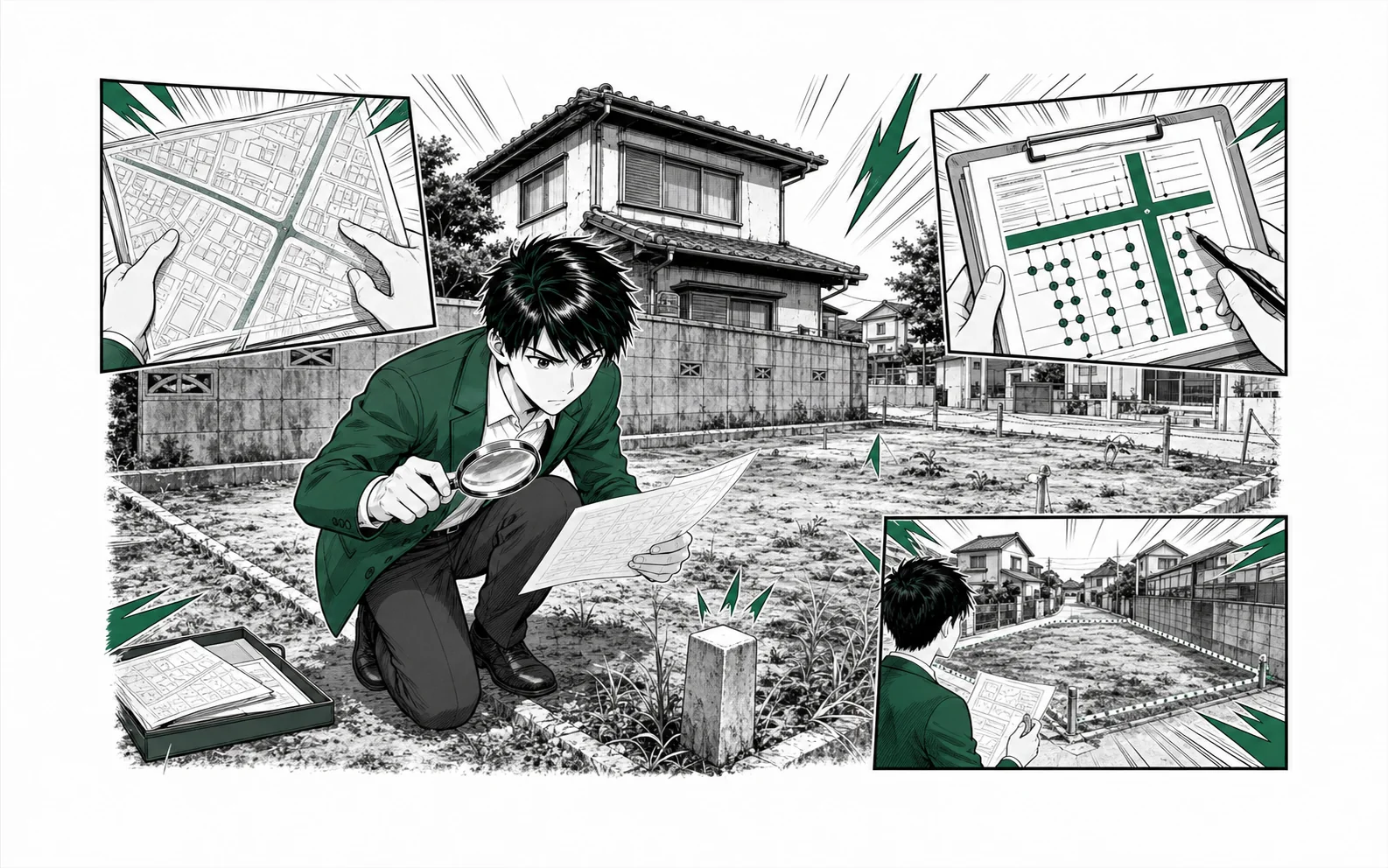 所有者が公示地図・路線価図・取引事例を見比べ、現地の境界標を確認する場面をオリジナル少年漫画誌風に描いた挿絵