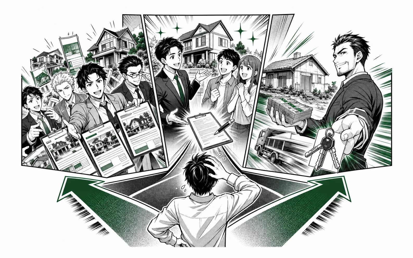空き家の一括査定・仲介・買取の3つの相談ルートを少年漫画誌風に比較した図解