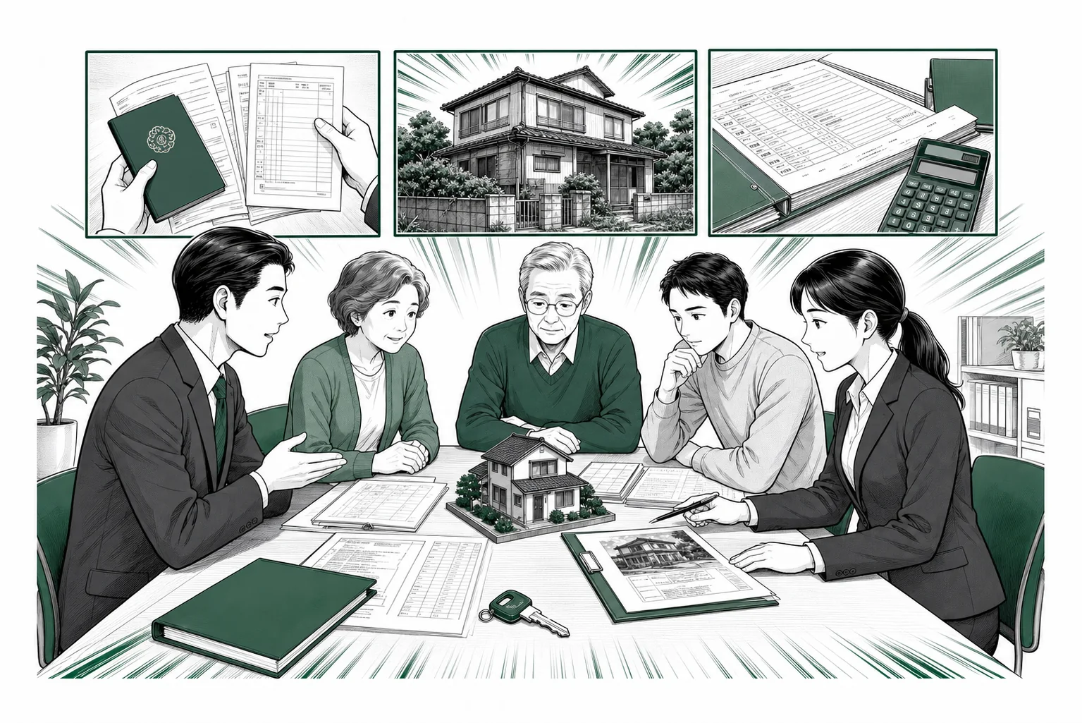 複数の相続人が司法書士と不動産担当者を交え・戸籍・登記簿・税資料・空き家の鍵を机上で整理し・売却方針に合意する様子を少年漫画誌風に描いた挿絵