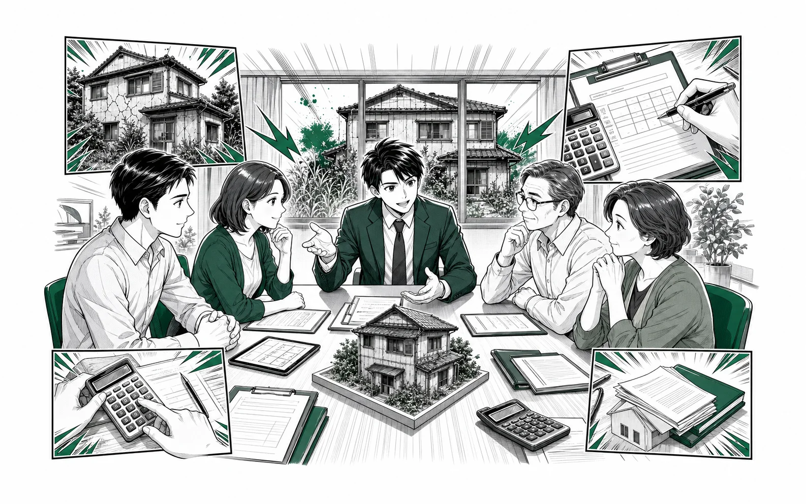 共有相続人が売却方針・査定・取得費・税金を一つの机で合意する場面をオリジナル少年漫画誌風に描いた挿絵